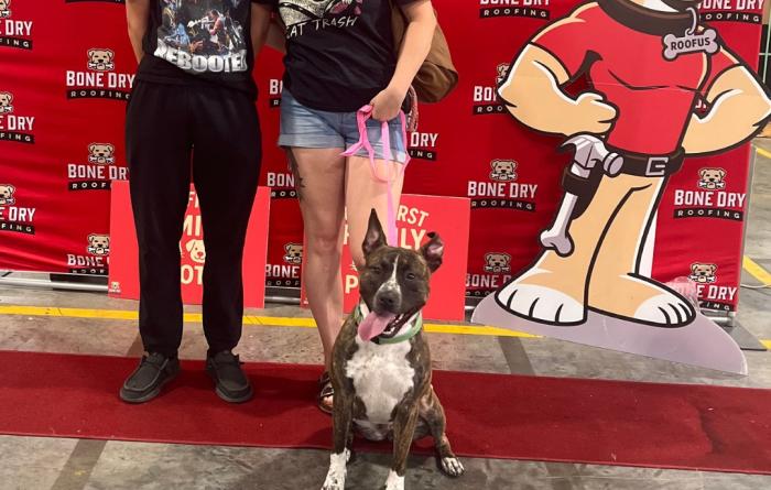 Two people with a dog in front of a Bone Dry Roofing backdrop with a dog mascot